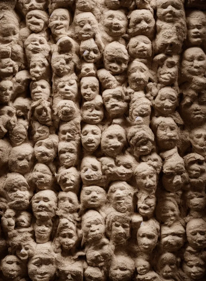 Image similar to a room made of clay, faces emerging from the walls, experimental photography