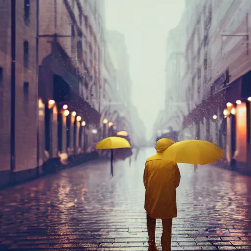 Image similar to golden man walking on a rainy street, golden hours, heat wave, 4 k photoshop