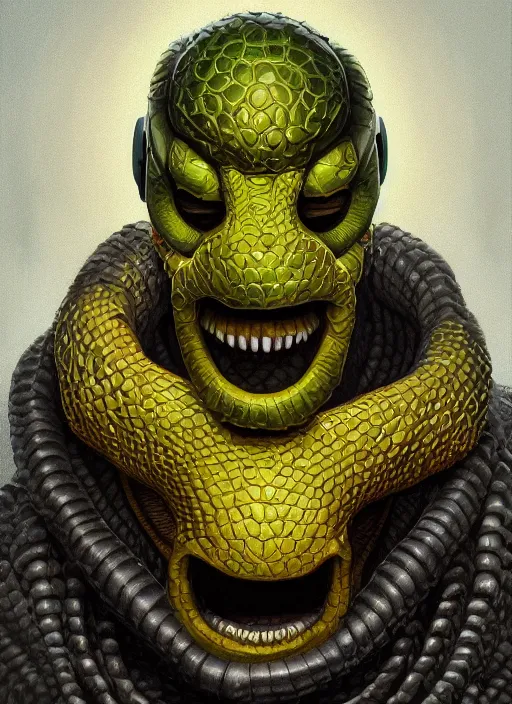 Image similar to homer simpson mf doom reptile eyes, yellow skin. intricate, elegant, highly detailed, centered, digital painting, artstation, concept art, smooth, sharp focus, illustration, artgerm, tomasz alen kopera, peter mohrbacher, donato giancola, joseph christian leyendecker, wlop, frank frazetta