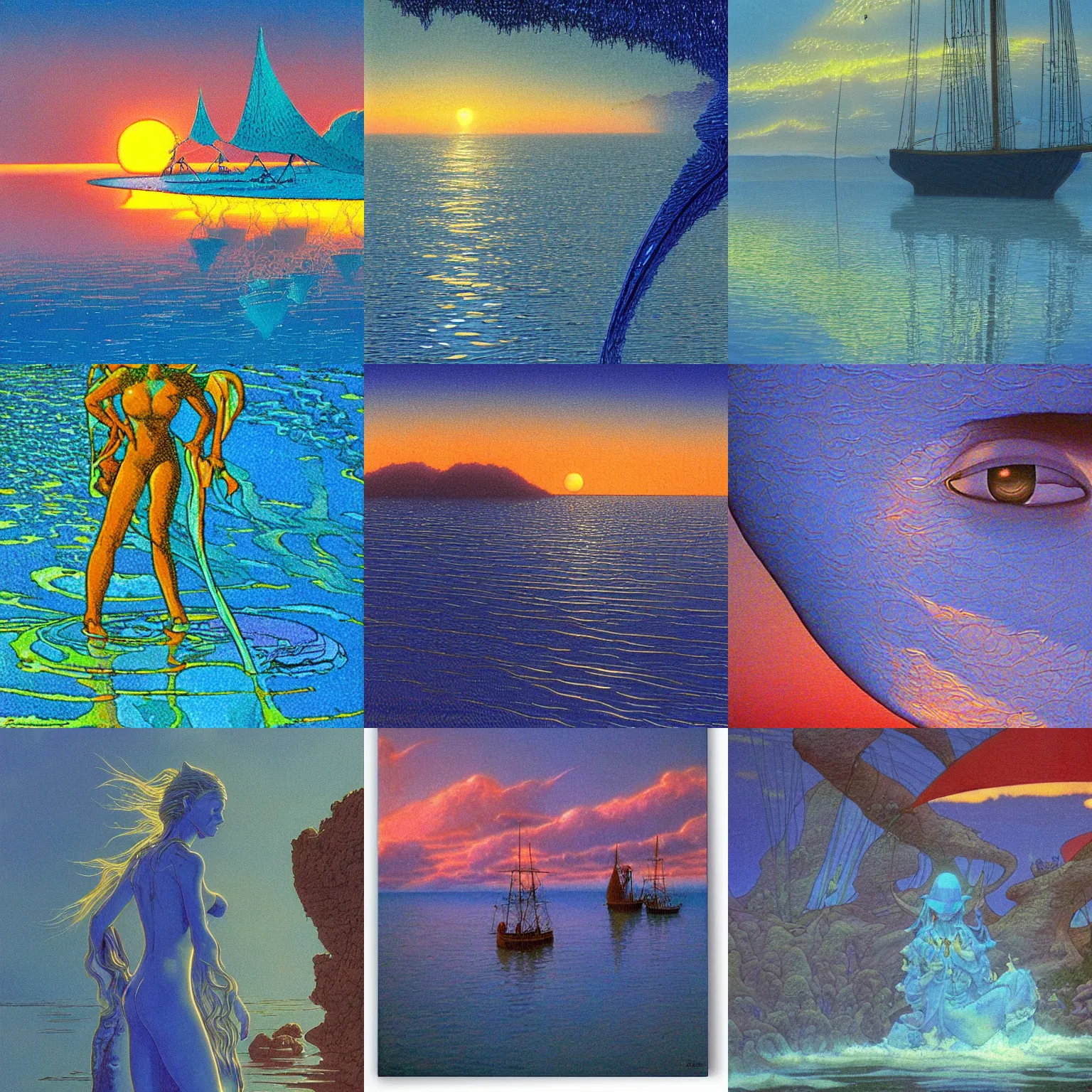 Prompt: closeup fantasy with water magic, at gentle dawn blue light, by jean giraud