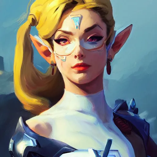 Image similar to greg manchess portrait painting of zelda as overwatch character, medium shot, asymmetrical, profile picture, organic painting, sunny day, matte painting, bold shapes, hard edges, street art, trending on artstation, by huang guangjian and gil elvgren and sachin teng