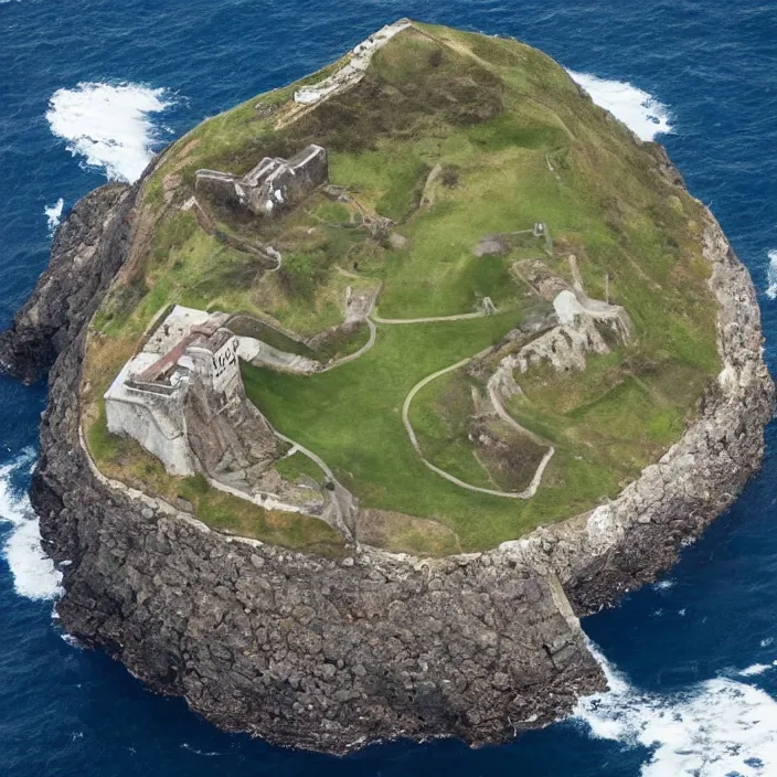 Prompt: aerial view of a fortress from above on a hill by the ocean shaped exactly like the punisher symbol detailed