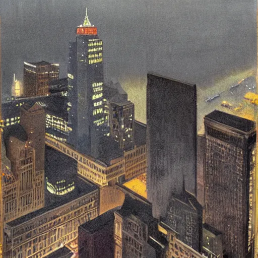 Image similar to muted color ultra realistic painting of 1 9 2 5 boston downtown at night viewed through a broken mirror, aerial view, dark, brooding, night, atmospheric, horror, cosmic, ultra - realistic, smooth, highly detailed in the style of clyde caldwell