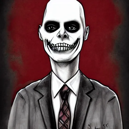 Image similar to grunge drawing of Klaus Schwab in the style of jack skellington and Jacob Shaw,creepy, surreal, trending on artstation, bold and vivid colour