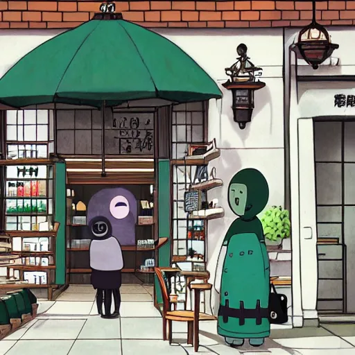 Image similar to starbucks shop with spirited away style, no face man, illustrate, art by ghibli studio