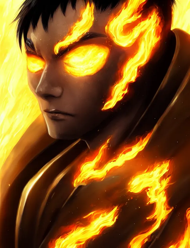 Image similar to a detailed manga portrait of a black haired man with hazel eyes in gleaming golden armour that burns with golden fire, trending on artstation, digital art, 4 k resolution, detailed, high quality, sharp focus, hq artwork, coherent, insane detail, character portrait