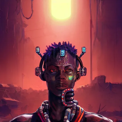 Image similar to a dark and ominous cyborg african child soldier with glowing eyes and steel dreadlocks, neon graffiti, Apex Legends character digital illustration portrait design, by android jones and greg rutkowski in a cyberpunk voodoo style, retrowave color scheme, detailed, cinematic lighting, wide angle action dynamic portrait