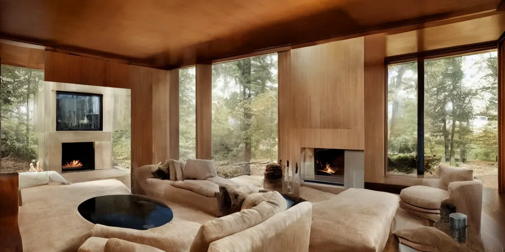 Image similar to an elegant interior photo of a sunken living room with a fireplace, dark wood , sofa, chair, end table, designed by Frank Loyd Wright