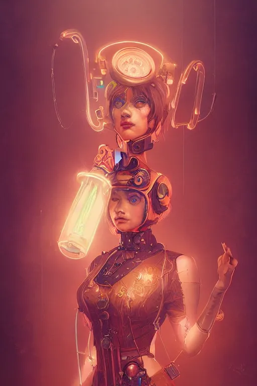 Image similar to portrait of a psychedelic steampunk girl with biotechnical parts and neon light by Artgerm and Greg Rutkowski , digital painting, highly detailed, trending on artstation