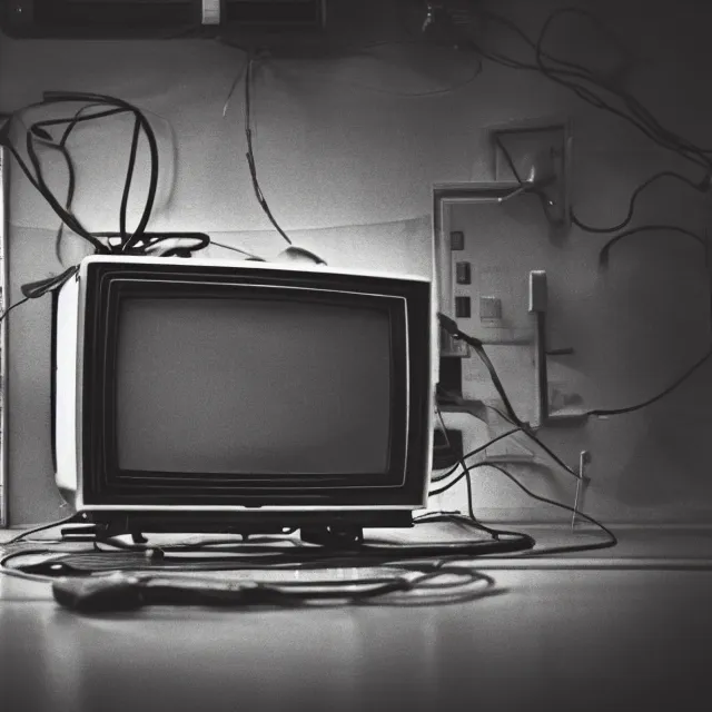 Prompt: an old TV in the middle of a clean laboratory room, Television on, static in TV, TV with a strange object inside, centered focus, wires and rebar hanging from the TV, bleak lighting, obscure, low quality video, high detail photography, vhs footage