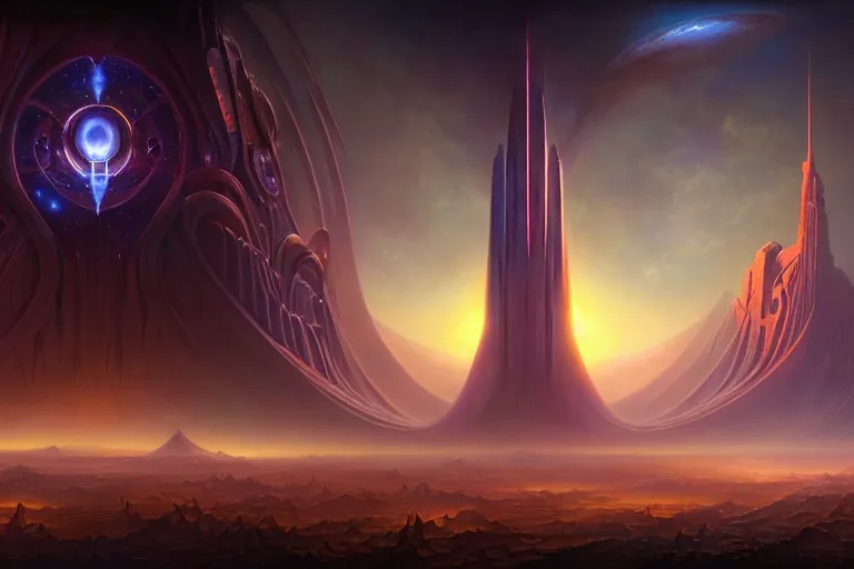 Prompt: a beautiful matte painting of a dark sci-fi retro cover art of the great and powerful cosmic god machine by Tyler Edlin and Noah Bradley and Jim Burns and James Gurney, award winning, atmospheric, epic and stunning, intricate details, sense of awe, anthropomorphic, monumental structures, featured on artstation, HD, 4k, 8k