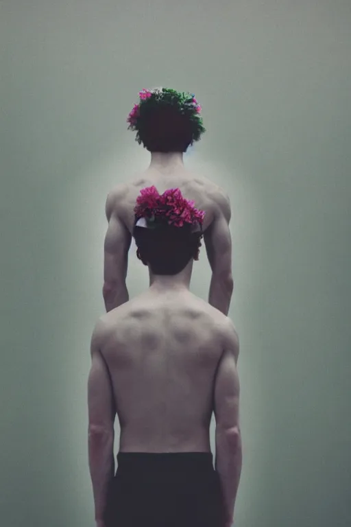 Image similar to kodak portra 4 0 0 photograph of a skinny guy looking into a otherworldly portal, flower crown, back view, vaporwave colors, grain, moody lighting, moody aesthetic,