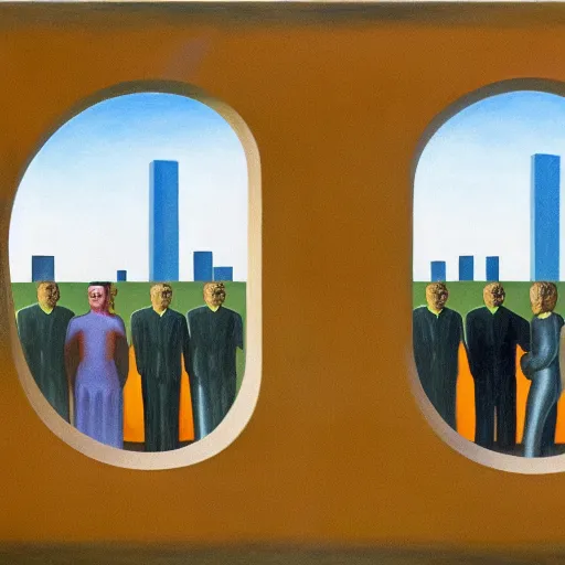 Prompt: first - person view of a stark concrete maze with people looking into portholes, ( ( ( grant wood ) ) ), pj crook, ( ( ( ( ( ( edward hopper ) ) ) ) ) ), oil on canvas