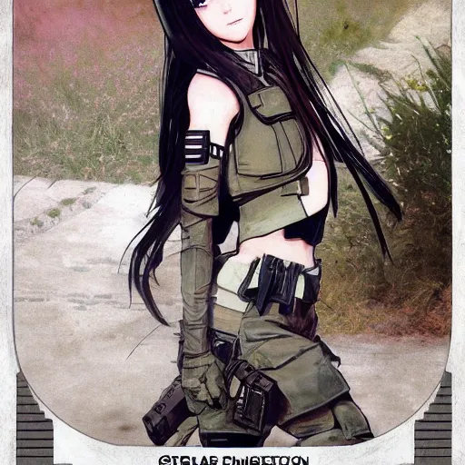 Prompt: soldier girl, trading card front, anime style, long hair, hair down, olive eyes, symmetrical facial features, from girls frontline, hyper realistic, pale skin, 4k, rule of thirds, extreme detail, detailed drawing, trending artstation, hd, fantasy, D&D, realistic lighting, by Alphonse Mucha, Greg Rutkowski, sharp focus, backlit, full soldier clothing