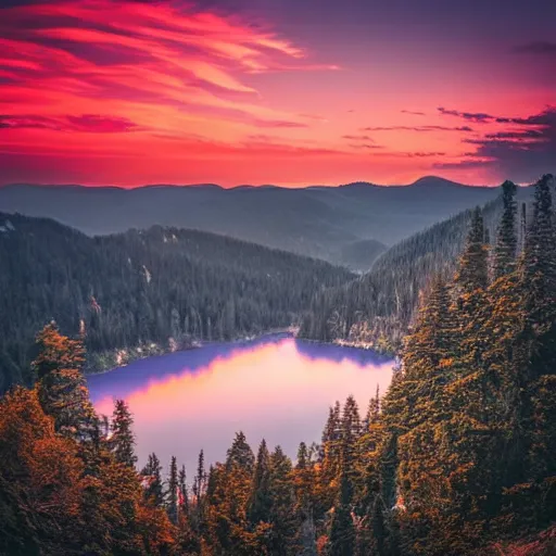 Prompt: sunset above blue lake, beautiful landscape, high detail, instagram photo, professional dslr photo,