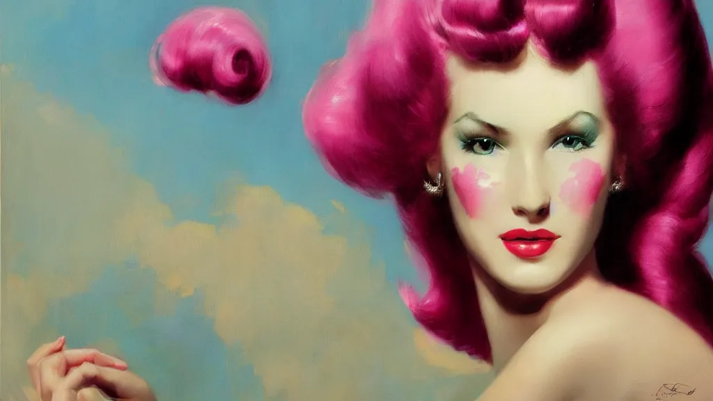 Image similar to beautiful woman with her hair in large pink hair rollers and blue face mask by bill medcalf, rolf armstrong trending on artstation, 8 k