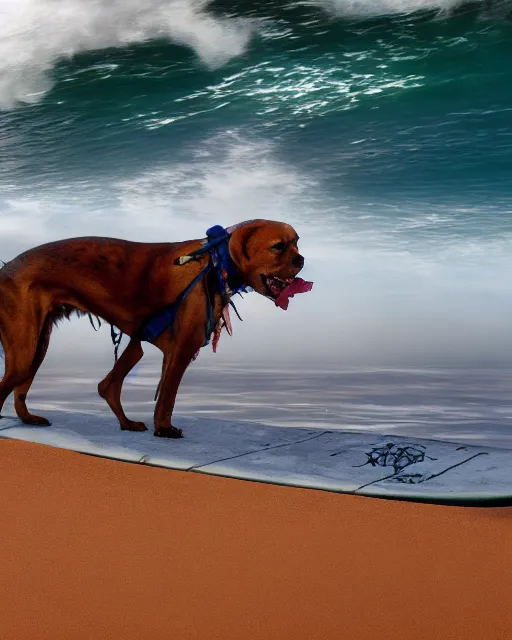 Image similar to zombie dog riding a surfboard on the north shore of hawaii, hyperreal, hdr, atmospheric