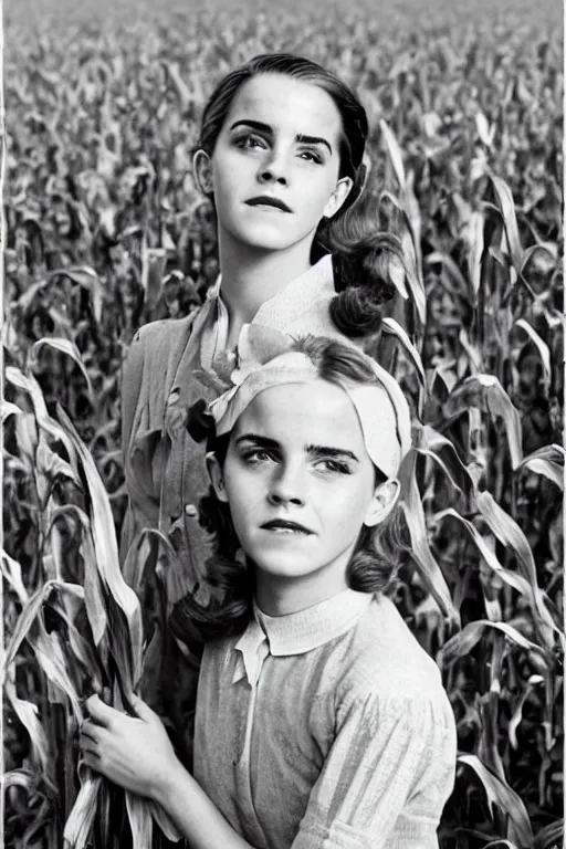 Prompt: Emma Watson in a corn field 1950s portrait by Norman Rockwell