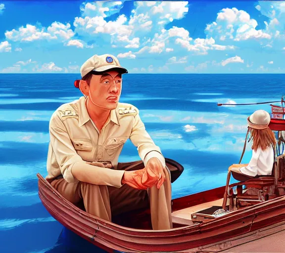 Prompt: Tom hanks as forrest gump sitting in a giant shrimp boat, majestic beautiful world, digital art, amazing detail, artstation, in the style of hayao miyazaki