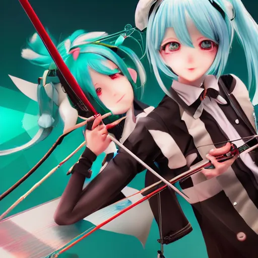 Image similar to hatsune miku and gumi archery lesson, made by stanley artgerm lau, wlop, rossdraws, artstation, cgsociety, concept art, cgsociety, octane render, trending on artstation, artstationhd, artstationhq, unreal engine, 4 k, 8 k,