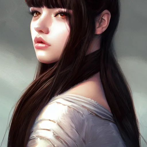 Image similar to teen girl, long black hair, gorgeous round face, brown pollover, amazing, elegant, intricate, highly detailed, digital painting, artstation, concept art, sharp focus, illustration, art by ross tran