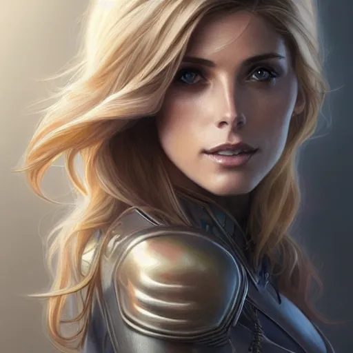 Prompt: Ashley Greene with blonde hair as Super Girl, western, D&D, fantasy, intricate, elegant, highly detailed, digital painting, artstation, concept art, matte, sharp focus, illustration, art by Artgerm and Greg Rutkowski and Alphonse Mucha