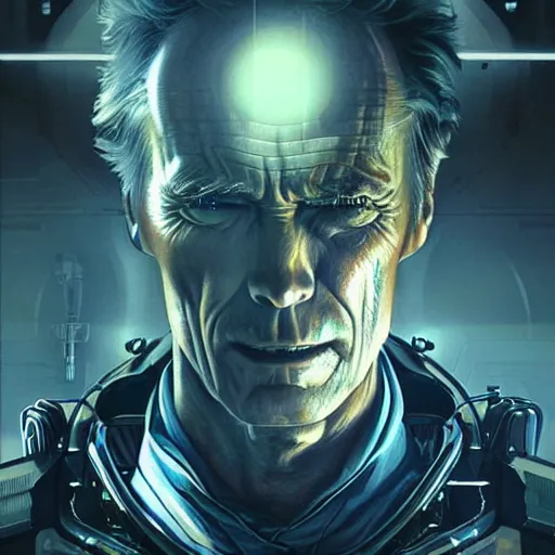 Prompt: Clint Eastwood as an android in Alien Isolation, intricate, highly detailed, digital painting, artstation, concept art, sharp focus, illustration, art by greg rutkowski and alphonse mucha