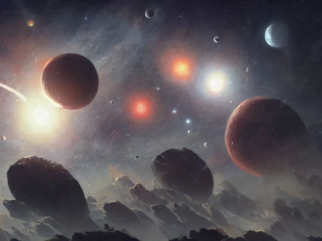 Prompt: A beautiful painting of a five big planets, shining its light by greg rutkowski and thomas kinkade, There are five planets that are black, white, yellow, red, and blue, behind the galaxy and the universe, Trending on artstation, concept art