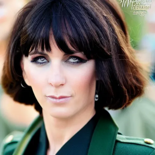 Prompt: brunette woman, short flip out hair, emerald eyes, black military uniform