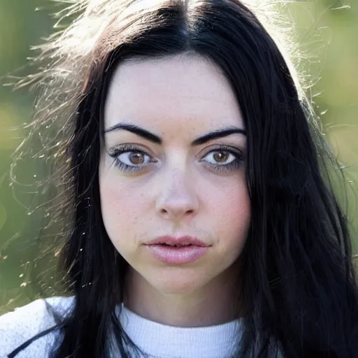 Image similar to a girl with long black hair her face is a mix between aubrey plaza, krysten ritter, lucy hale and maisie williams