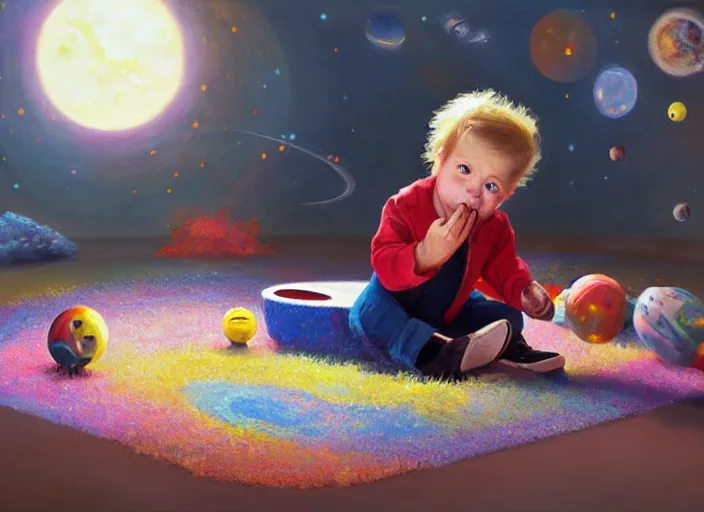 Prompt: toddler elon musk sittingon a shaggy rug playing with his shiny space rockets, realistic painting, beautiful soft lighting, istvan sandorfi