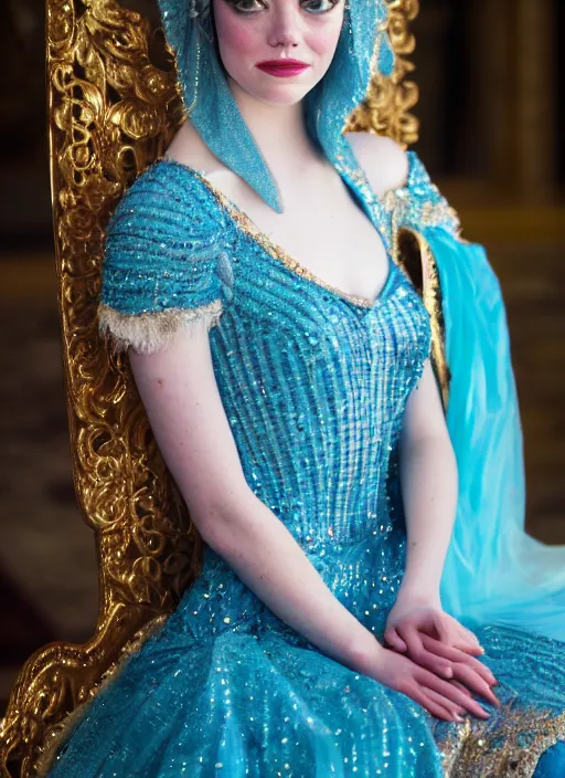 Image similar to portrait of emma stone as princess jasmine in persian palace, by charlotte grimm, natural light, detailed face, beautiful nails,, canon eos c 3 0 0, ƒ 1. 8, 3 5 mm, 8 k, medium - format print, half body shot