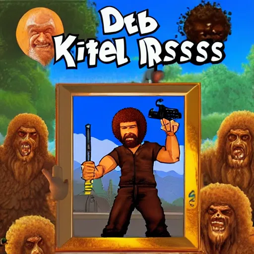 Image similar to bob ross in the style of duke nukem, full body, holding machine guns in both hands, fighting monsters