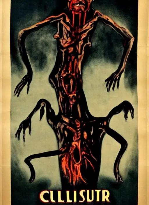 Image similar to old vintage poster for a horror movie called the cultist, detailed, horror