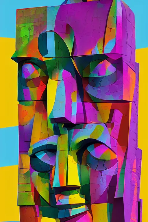 Image similar to cubist moai statue cutout digital illustration cartoon colorful beeple