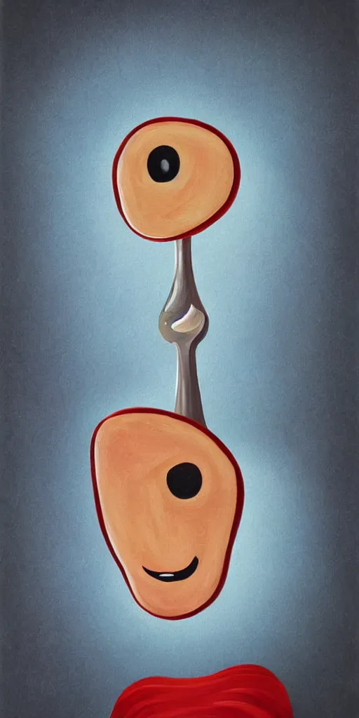 Image similar to surreal painting illustration of a humanized spoon with eyes and a smile