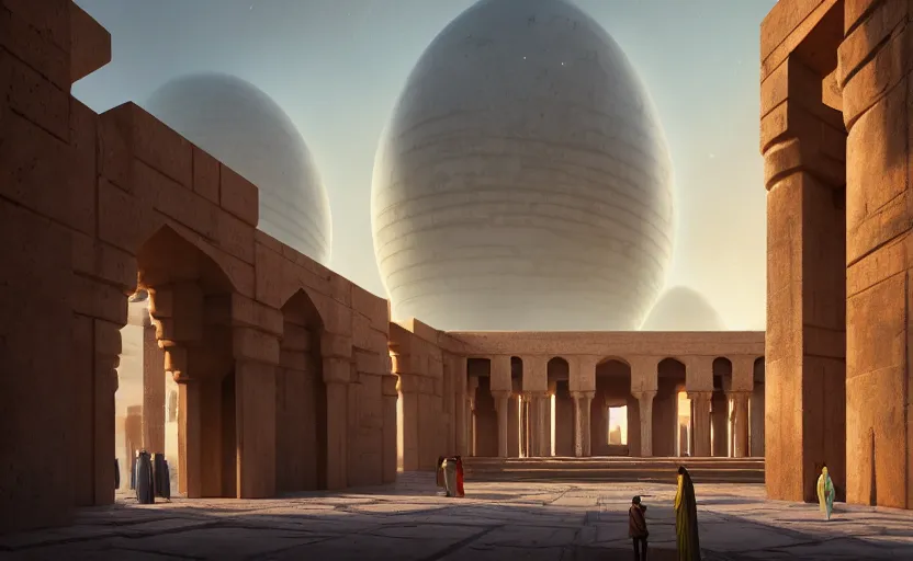 Prompt: exterior shot of utopian ancient persian architecture with cinematic lighting by zaha hadid peter zumthor and renzo piano, darek zabrocki and greg ruthkowski, simon stalenhag, cinematic, holy place, paradise, scifi, futurism, atmospheric, concept art, artstation, trending on artstation