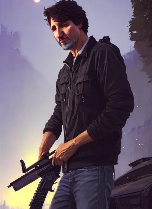 Image similar to highly detailed portrait justin trudeau in street gang attire holding ar - 1 5! in gta v stephen bliss unreal engine fantasy art by greg rutkowski loish rhads ferdinand knab makoto shinkai lois van baarle ilya kuvshinov rossdraws tom bagshaw global illumination radiant light detailed intricate environment