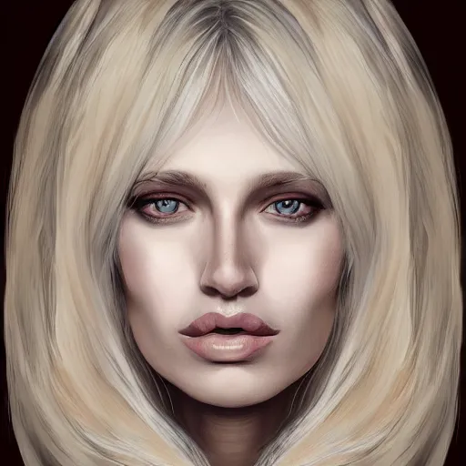 Prompt: a symmetrical portrait of a blonde woman with strong features, oil painting, pale colors, high detail, 8 k, wide angle, trending on artstation,