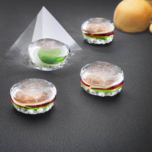 Prompt: clear crystal glass hamburger. refractions, brilliant cut, dramatic jewelry photography.