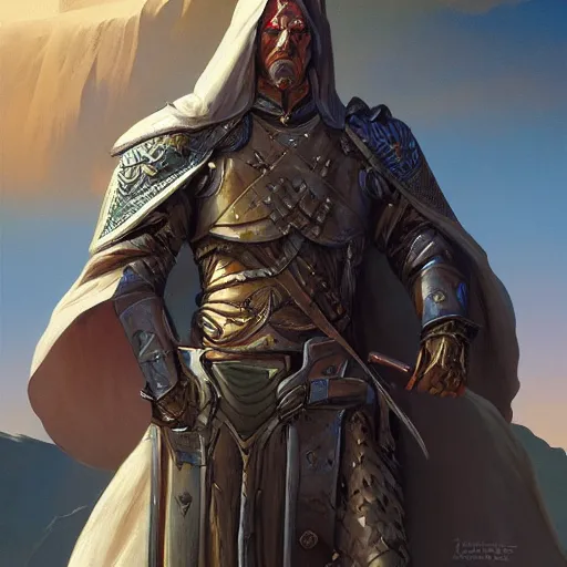Prompt: a portrait of a paladin in the desert, stern face, dungeons and dragons, digital painting by Gerald Brom, highly detailed