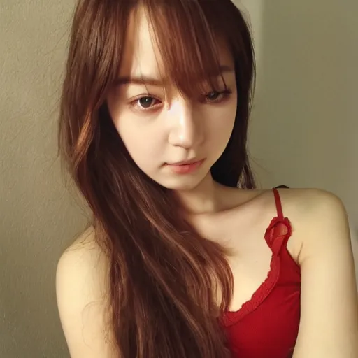 Image similar to beautiful gorgeous shy cute Kpop European girlfriend wearing camisole