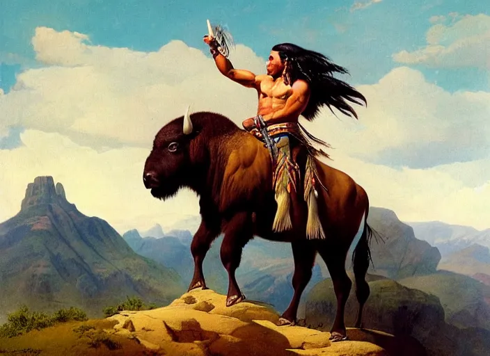 Image similar to beautiful native american riding bison, buffalo, powerful native american warrior, mountain range, beautiful sky, standing on the edge of a cliff, nineteenth century, painted by frazetta