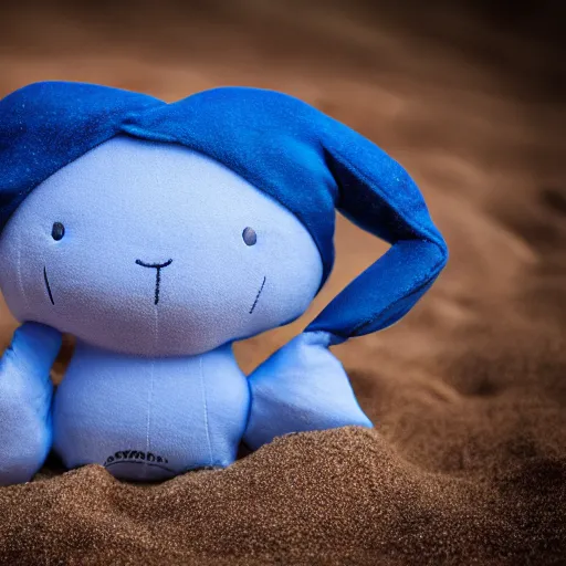 Image similar to blue'snappy gifts'plush doll, on beach sand, gifts, dark atmosphere, high detail, soft lighting, 8 k