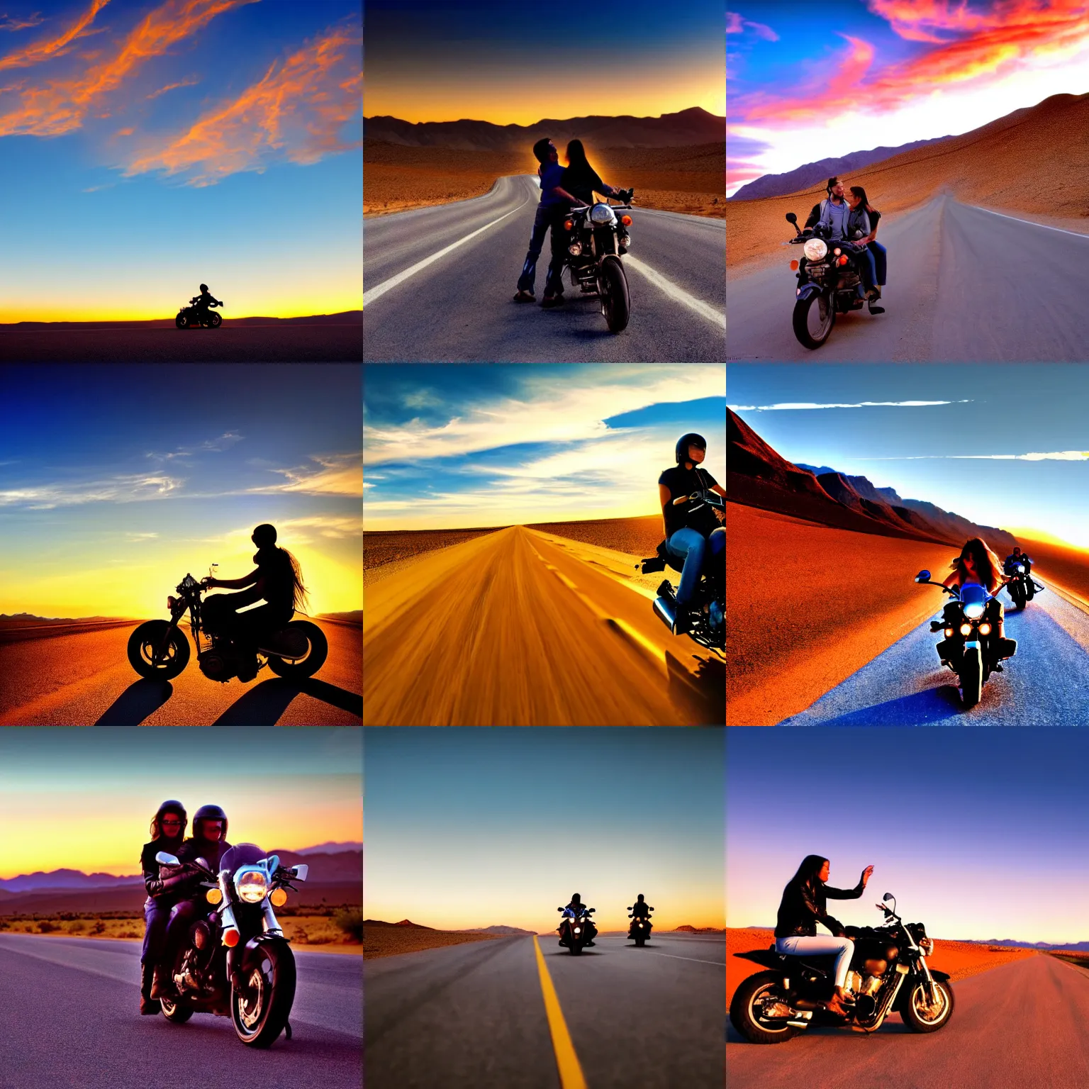 Prompt: hd wallpaper, romantic couple ride on motorbike, ride out here, road california desert, sunset, blue sky, award winning photo