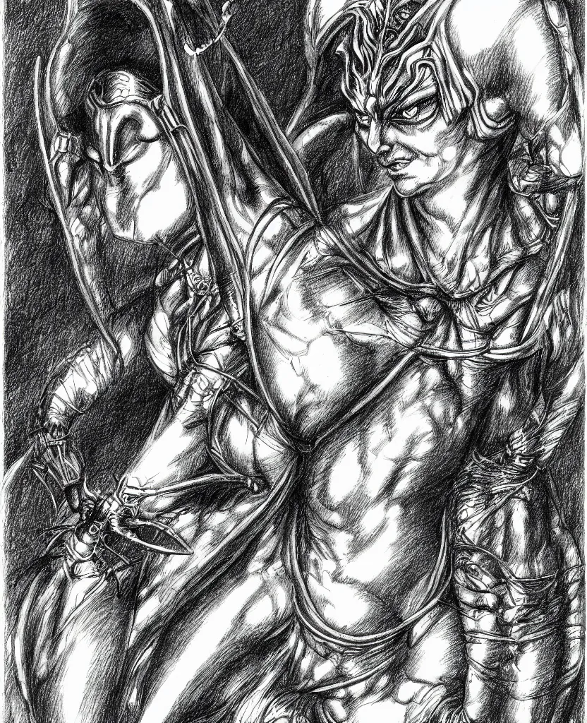 Image similar to line art pencil drawing of medieval half insect half woman chimera, very exaggerated fisheye perspective, art by shinichi sakamoto and kentaro miura