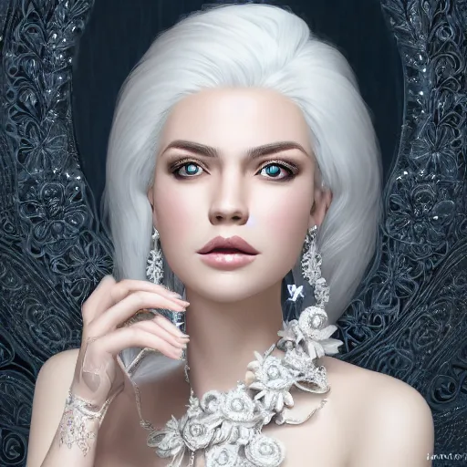 Image similar to portrait of wonderful princess of white diamonds with fair skin, white hair, white flowers, ornate with white diamonds, 8 k, gorgeous, intricate, detailed, glowing white accent lighting, dramatic lighting, octane render