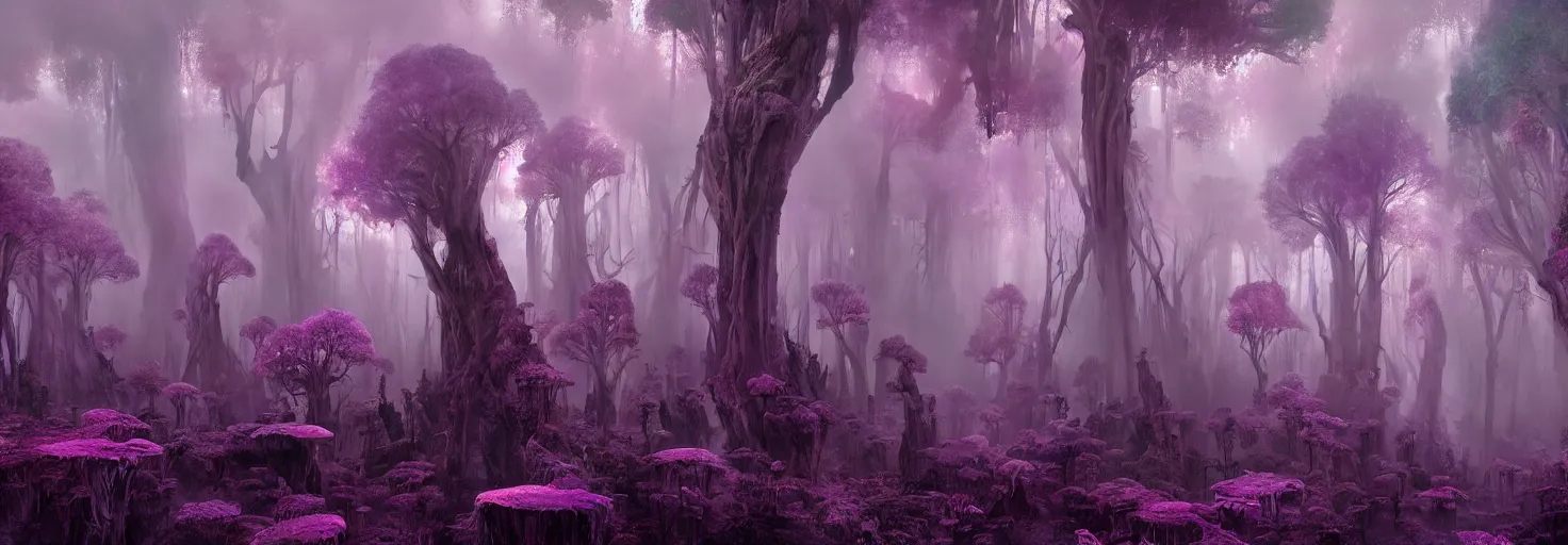 Image similar to dense bismuth fractal fungal forest, megalophobia, silhouettes, pinks and purples, volumetric fog, intricate, highly detailed, concept art, masterpiece, background parallax layer