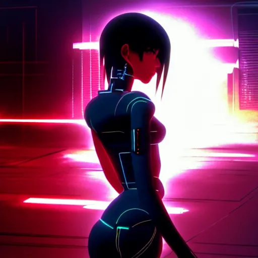 Image similar to cyberpunk movie still from the animatrix in the style of arcane : : small female android cyborg - angel, glowing red left eye and glowing blue right eye : : cinematic lighting, advanced digital cyberpunk art : : wlop, rossdraws sakimimichan, ilya kuvshinov, krenz cushart, greg rutkowski