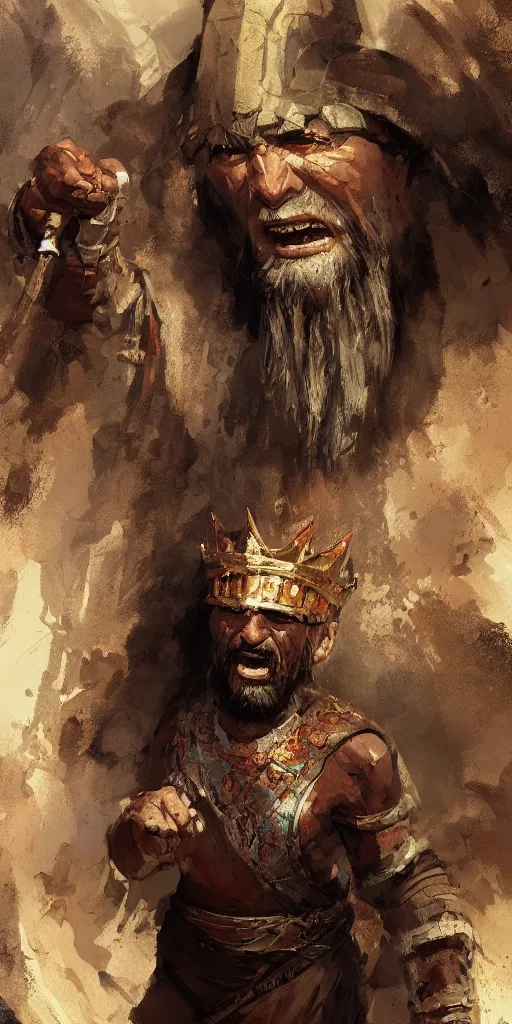 Image similar to Concept art Portrait of the ancient historical biblical SNARLING ANGRYING YELLING, jealous king Saul of Israel by craig mullins and marc simonetti, ARTSTATION, cgsociety, polycount, character design, CINEMATIC, AWE INSPIRING, BEAUTIFUL, ART GERM